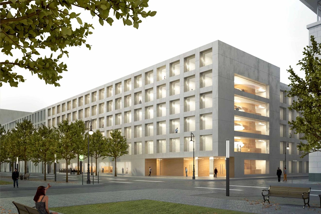 Sichtbetonfassade des Elisabeth Selbert Hauses in Berlin
