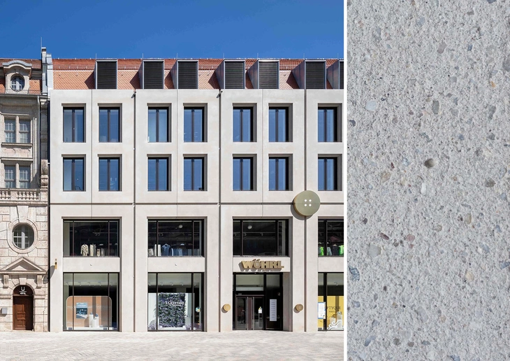 Sichtbetonfassade Wöhrl Nürnberg mit Detail Sichtbeton gesäuert