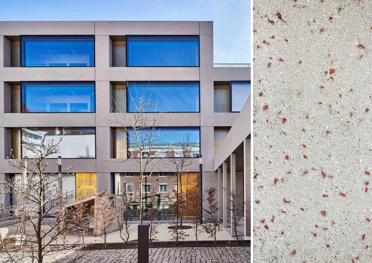 Sichtbetonfassade Maria-Ward-Schule Nuernberg mit Detail Sichtbeton gewaschen