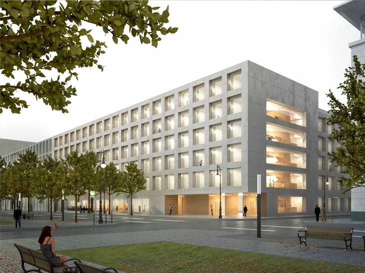 Sichtbetonfassade des Elisabeth Selbert Hauses in Berlin