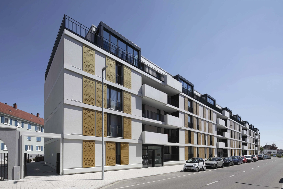 Wohnbebauung Praxedis-Gärten in Singen mit Sichtbetonfassade aus sandgestrahlten Elementen