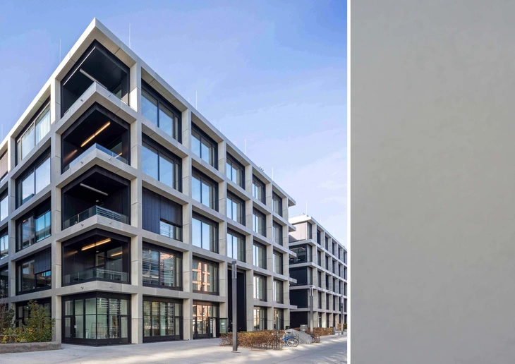 Sichtbetonfassade icampus münchen mit Detailaufnahme Sichtbeton glatt
